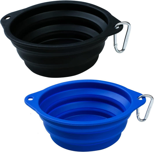 Advanced Collapsible Dog Bowl, Portable Foldable Water Food Bowls with Carabiner Clip for Outdoor,Walking, Traveling,Hiking,Jogging (2 Pack) (Black,Blue)