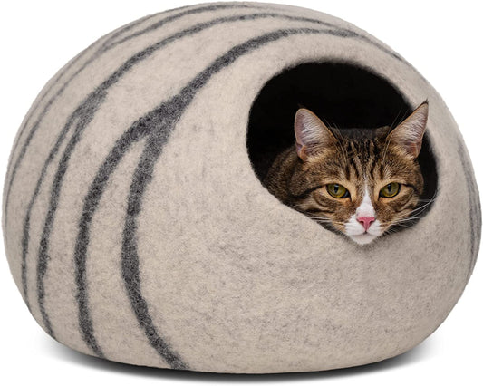 Cat Bed Cave Premium Felt - Handmade 100% Merino Wool Bed for Cats and Kittens (Light Shades) (Medium, Light Grey)